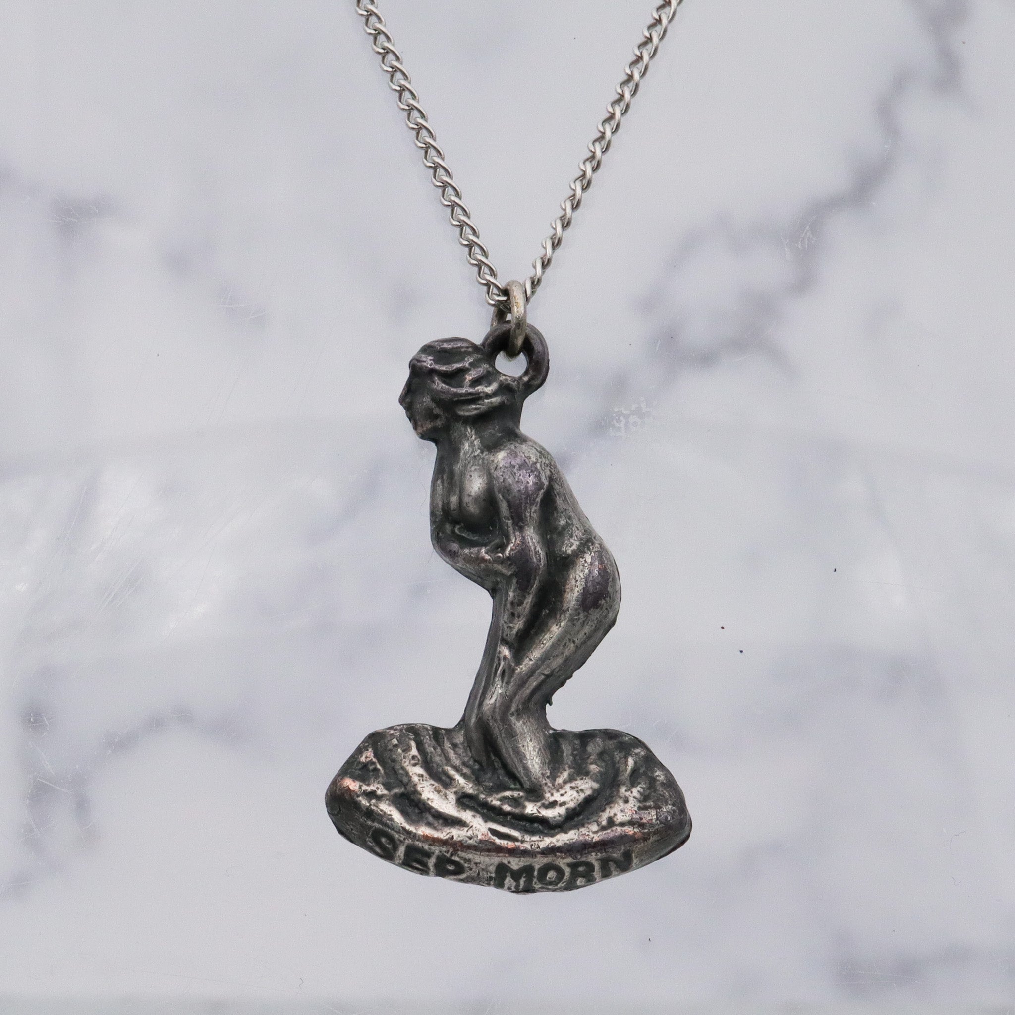 Rare Antique silver plated "September Mourn" statue charm pendant